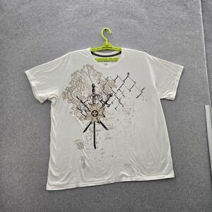 Cool Men Shirt XXL White Graphic Y2K Grunge Skate Sword Crest Print Short Sleeve